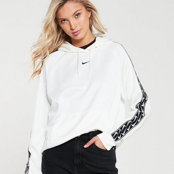 nike swoosh tape hoodie white